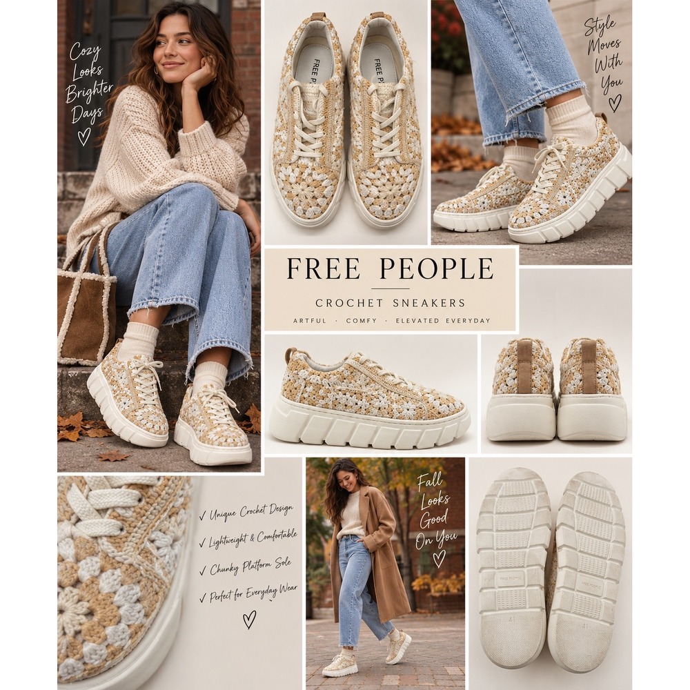 Free People Crochet Sneakers Womens 41 Tan Excellent Platform Granny Square